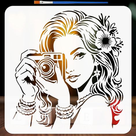 Pochoir Femme Photographe avec Pinceau 30x30cm Modèle de Peinture Personne avec Appareil Photo Thèmes Humains Modèle PET pour Peinture sur Bois Carrelage Mur Tissu Meuble DIY (1/5)