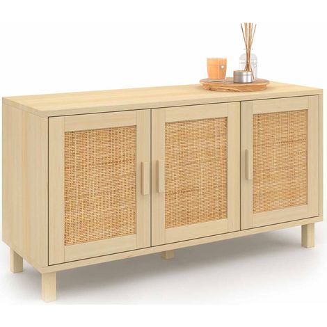 Idmarket – Buffet bas vintage 113 cm 3 portes – Effet naturel cannage – Structure en panneaux de particules – Pieds en bois de pin (1/5)