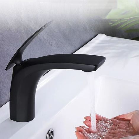 Brass basin hot and cold water faucet, bathroom countertop basin single hole faucet - black model