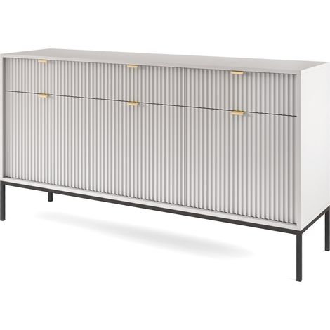 Sideboard 150 cm Galla - Dreitürige Kommode mit Schubladen - Beinen, geriffelten Fronten & goldene Griffe (Grau + Schwarz) (1/5)