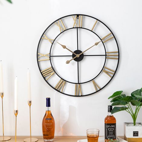 Reloj De Pared Redondo De Metal De Estilo Vintage Silencioso Grande MINKUROW, Relojes Con Números Romanos Dorados De 60cm Para Decoración De Sala De Estar, Dormitorio Y Cocina (1/5)