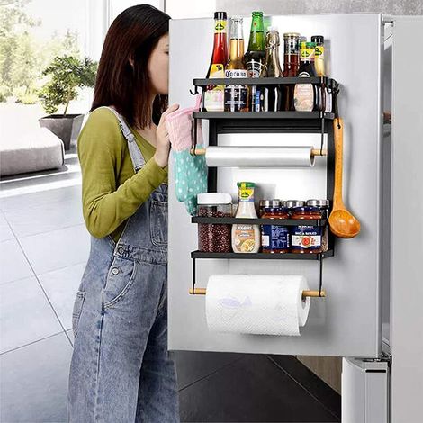 – Étagère magnétique pliable pour réfrigérateur – Acier inoxydable et bois – Installation sans outils – Rangement cuisine 30 kg – Dimensions 30 x 11 x 40 cm (1/5)