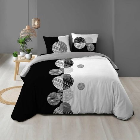Housse de Couette 260 x 240 cm + 2 Taies – 100 % Coton 57 Fils – Stormi Noir & Blanc