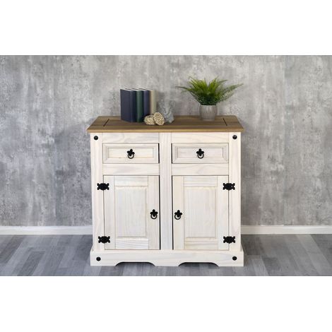 Sideboard Kommode 91,5 x 83,5 x 43 cm Pinienholz weiß honigfaben lasiert MEXICO (1/5)