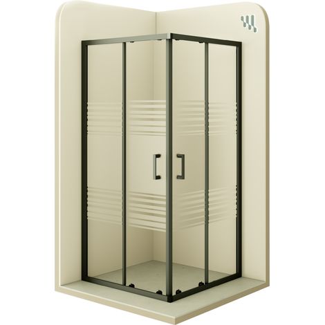 Mampara de Ducha Diana 100x100x190cm -REVERSIBLE- Puertas correderas, Ajuste 97,5-99,5x97,5-99,5cm - Perfiles negros, Cristal parcial satinado 6mm