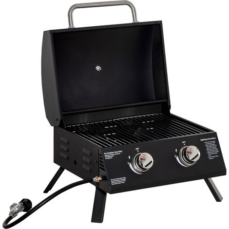 Barbecue a gas pieghevole con coperchio, termometro e 2 bruciatori in acciaio inox, 55 x 46,5 x 41 cm, nero.
