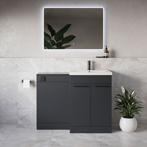Napoli 390 Gloss Grey 1100mm 2 Door Vanity Unit Toilet Suite with Glide Basin - 1100mm - Matt Black 160mm HandleWithout Kingston Toilet Pan