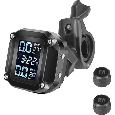 Sistema de alarma de monitoreo de presión de neumáticos (TPMS) inalámbrico con pantalla LCD para motocicletas, 2 sensores, motos de cross y pit bikes. (1/5)