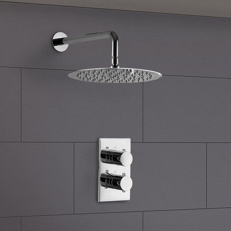 Lily 2 Dial 1 Way Round Concealed Thermostatic Mixer Valve & Thin 200mm Round Shower Head Chrome (1/5)
