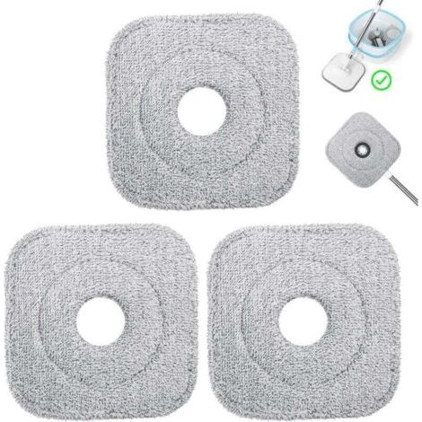Ensemble de 3 Têtes de Rechange Balai Serpillère en Microfibre, Tampons de Rechange Vadrouille Carrée, Absorbante, Lavable en Machine, Utilisation Humide et Sèche pour Mop Serpillere