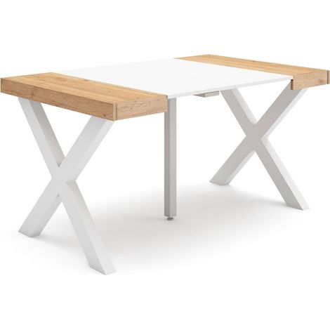 Table Console Extensible Console Meuble 140 pour 6 Personnes Pieds Bois Massif Style Moderne Chêne et Blanc (1/5)