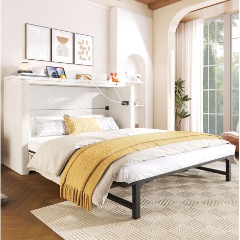 Letto a scomparsa 140 x 200 in lino beige con cassetto, porte USB e Type-C, senza materasso, OKWISH (1/5)