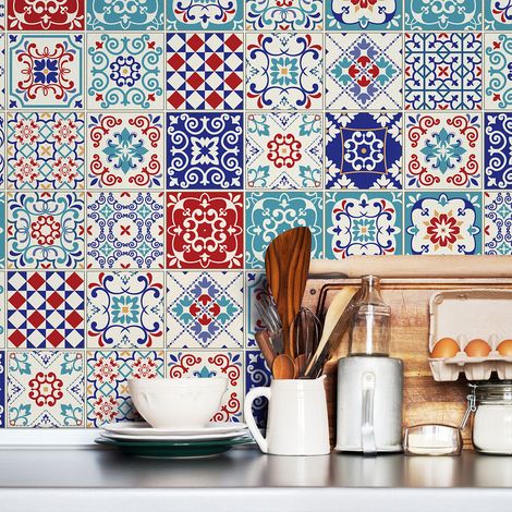 Sticker Mural Carrelage adhésif Cuisine Salle de Bain - 60 STICKERS CARREAUX DE CIMENT AZULEJOS FLAVIA - 60stickers15x15cm (1/5)