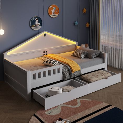Kinderbett 90x200 cm mit Stauraum und Schubladen, Jugendbett mit App-gesteuerter LED-Beleuchtung, Einzelbett aus Kiefernholz, Weiß (1/5)