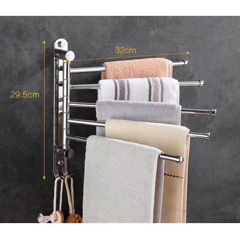 Porte-serviettes mural 5 barres, pivotant à 180°, en acier inoxydable SUS304, 32 cm, pour lavabo de salle de bain ou de cuisine - argent (1/2)