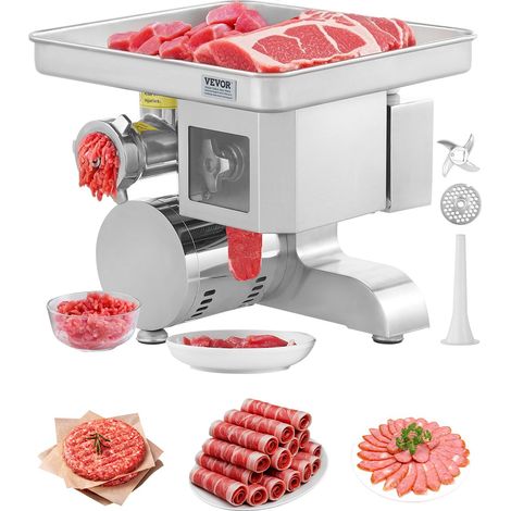 Hachoir à Viande Électrique et Trancheuse avec Capacité de 5 kg/min, Poussoir à Saucisses en Acier Inoxydable, avec Lame et Plaque de Broyage, de Comptoir, pour Cuisine Boucherie Restaurant (1/5)
