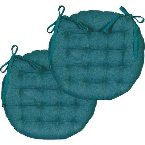 Lot de 2 Galettes de Chaise Rondes Bicolores D.40cm, Bleu Canard/Moutarde