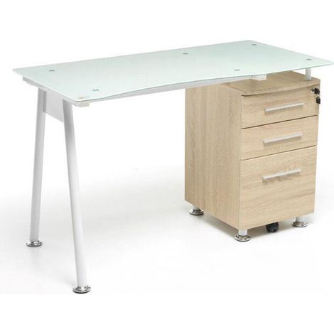Scrivania da Ufficio Cameretta con Cassettiera Rovere Top in Vetro Porta Pc (1/2)