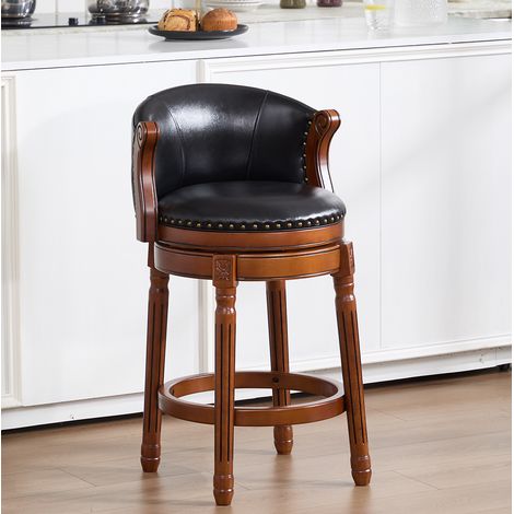 Taburete de bar giratorio de 360°, respaldo curvado, piel auténtica, madera negra (1/5)