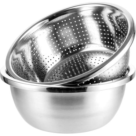 Lot de 2 Passoire Inox Cuisine et Bol Mélangeur 26cm, Passoire Cuisine en Acier Inoxydable 201 Épaissi, Ensemble Égouttoir et Saladier pour Fruits, Légumes et Pâtes (1/5)