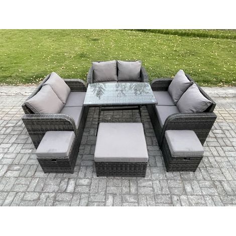 Fimous Salon de jardin exterieur 9 places avec Canapé d'amour Table à manger rectangulaire 3 Tabourets Gris foncé mixte (1/5)