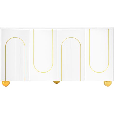 Aparador blanco de 4 puertas con decorado de arco dorado, 140 x 40 x 74 cm (1/5)