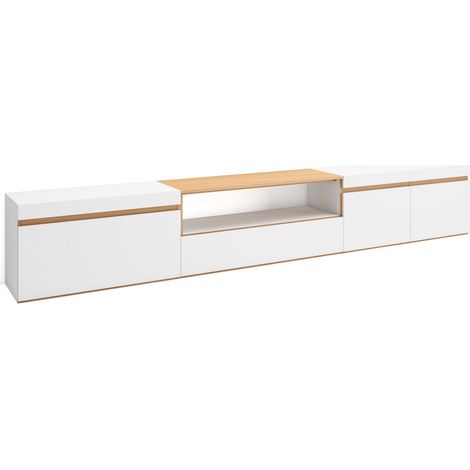 Skraut Home - Meuble TV, Banc Télé, Grand espace de Rangement, 288x35x45 cm, TV grand format, Meubles de salon, Style moderne, Blanc et Chêne Soft (1/5)