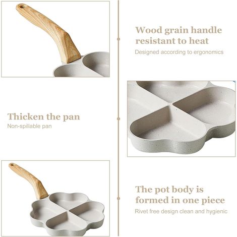 Poêle à Œufs en Forme de Cœur à 4 Trous - Anti-Adhésive Avec 3 Spatules en Silicone, Poignée en Bois - Pour Pancakes, Omelettes