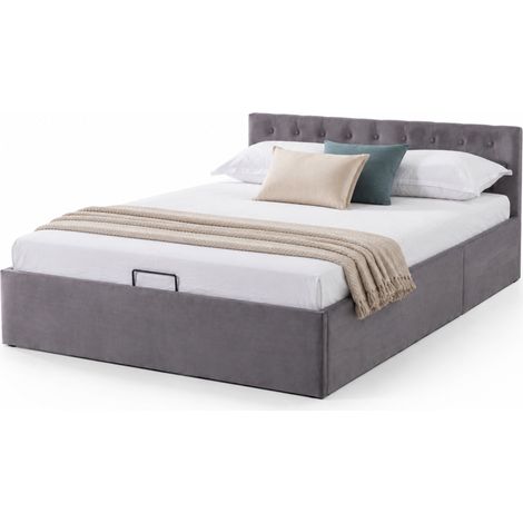 Lit coffre 140x200 en velours gris avec tête de lit capitonnée, sommier à lattes et rangement hydraulique, lit double gain de place pour chambre moderne CHICFURN (1/5)