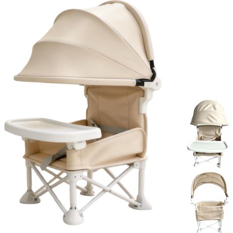 Siège de voyage pliable pour bébé avec position assise surélevée, chaise d'alimentation pour enfants, tout-petits et nourrissons avec plateau amovible et parasol amovible (crème) (1/5)