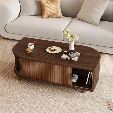 Couchtisch 100/50/35 cm in Walnussholzfarbe mit 2 Schiebetüren und Stauraum (1/5)
