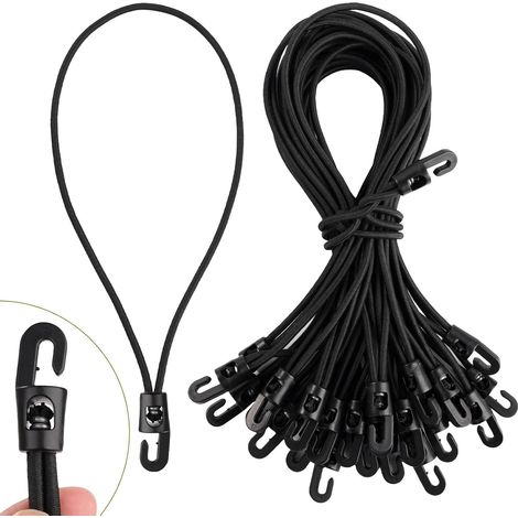 30 cuerdas elásticas tipo bungee, ganchos de 25 cm, correas multifuncionales negras para lonas/tiendas de campaña/equipaje/camping (1/5)