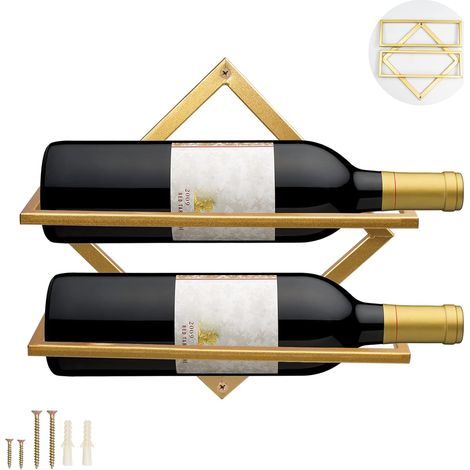 Supports muraux vin métal - pour 2 bouteilles alcool - suspendu pliable - or A - pour cave/bar/cuisine. (1/5)