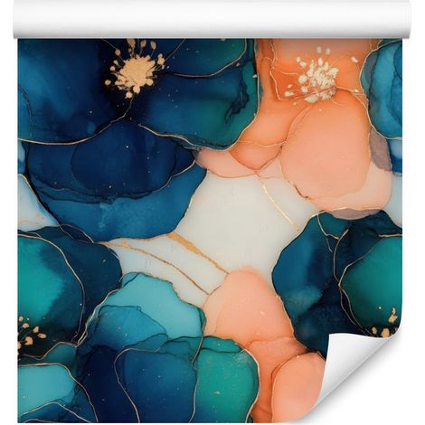 Papier peint bleu marine, turquoise et pêche pour salon et chambre 50x1000 (1/5)