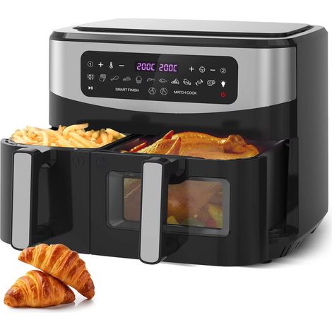 Friteuse sans huile 10L 2600W air fryer double panier XXL 4L+6L, écran tactile LED, 12 programmes, fenêtre transparente, cuisson à air chaud rapide