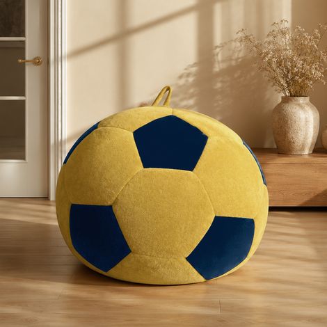 Fauteuil pouf ballon de football bleu et jaune en flanelle, disponible en deux tailles (1/5)