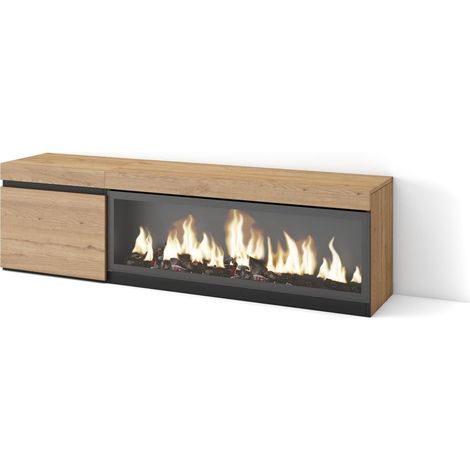 Skraut Home – Meuble TV avec cheminée électrique LED – Grand rangement chêne noir – Dimensions 158x35x45cm – Pour TV jusqu'à 65" (1/5)