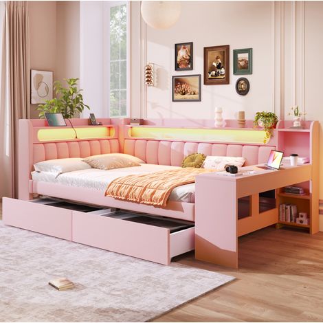 Cama dormitorio tapizada con escritorio LED rosa OKMYHOME (1/5)