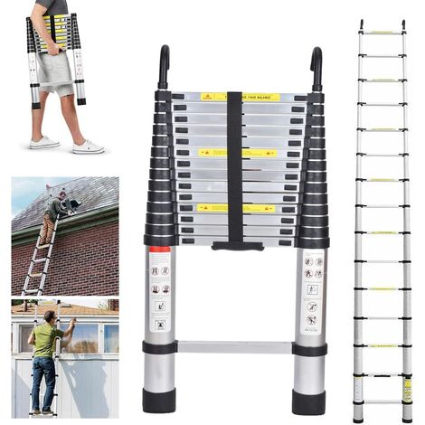 Extension Ladder Aluminum Telescoping Ladder 14.4FT/4.4M Ladder with 2 Detachable Roof Hooks, Attic Ladder Collapsible Ladders Heavy Duty Telescopic Ladder for Household Daily (1/5)
