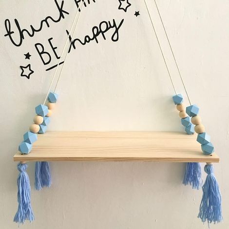 Nordic Wall Shelf with Floating Ropes Tassel Shelf for Home Decor or Kids Baby Room Wall Frame (Blue, 38  14cm)