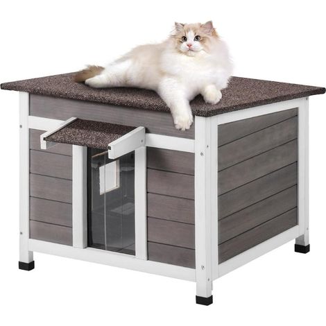 Maison pour Chat d'Extérieur, 600x530x465 mm, Niche pour Chats en Bois, Résistante aux Intempéries, avec Fenêtre, Toit Ouvert, Porte à Rabat en PVC, Cabane Abri pour Plusieurs Chats Sauvages (1/5)