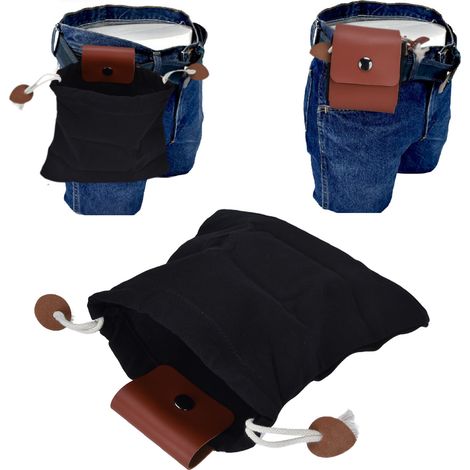Poche de récolte en cuir PU et toile - Sac de cueillette et rangement pour camping, attachable à la ceinture - Dimensions: 21x22.5cm - Noir (1/5)