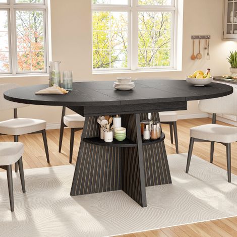 Table de salle à manger extensible avec niches de rangement ouvertes dans les pieds polyvalente et peu encombrante, idéale pour les petits espaces, séjours et coins repas plateau épais aux coins arr (1/5)