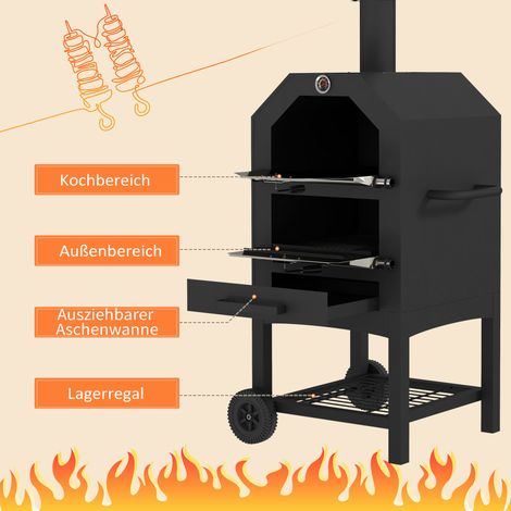 Four à pizza extérieur 2-en-1, avec pierre à pizza, cendrier, 2 grilles de cuisson, thermomètre, inoxydable, noir (1/5)