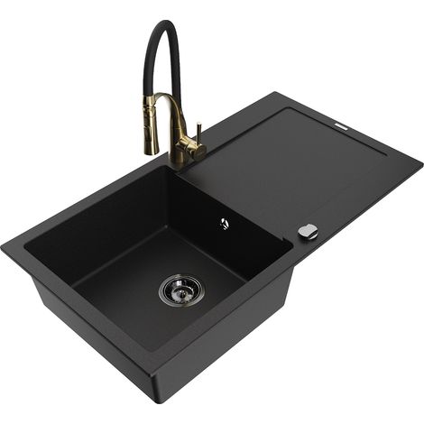 Mexen Leo 1 Becken-Granitspüle mit Abtropffläche und Mischbatterie Aster, Schwarz - 6501-77-73450-57-B (1/5)
