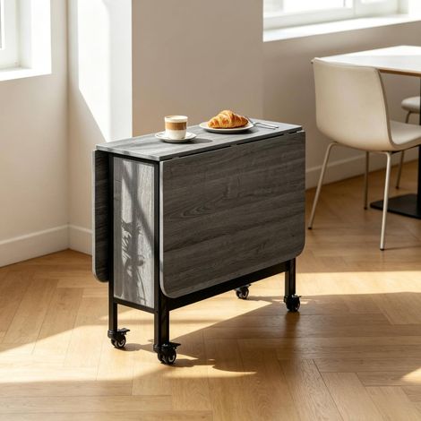 Table pliante grise 130/80/74 cm avec roulettes et étagère, gain de place et fonctionnelle (1/5)