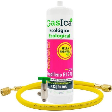 Botella Gas refrigerante GASICA C10  compatible con R32 R410A válvula incluida y manguera (1/5)