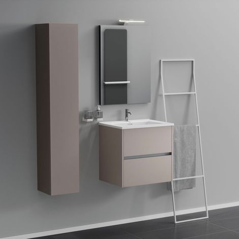 Inda - Badezimmerschrank 2 Schubladen L.60 mit Spiegelwaschbecken und Lampe – Mattelfenbein