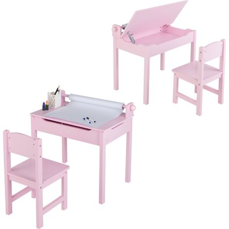 Tavolo per bambini con sedia vano portaoggetti e portarotolo per disegnare giocare, Set di tavolino con sedia Rosa (1/4)