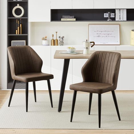 Esszimmerstühle 2er Set Kunstleder Braun mit Rückenlehne und Metallbeinen (1/5)
